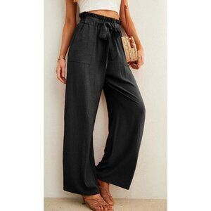 Black Gauzy Pull On Wide Leg Palazzo Pants Size Large Pockets Resort Loungewear